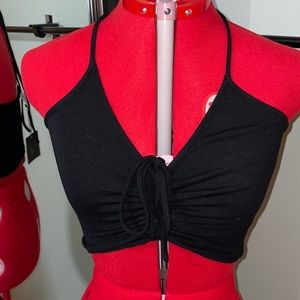 Lelia black crop top halter top with scrunched front, size large.